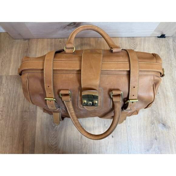 J. Peterman Co Mens Leather Bag Gladstone Travel Weekender Tan Removable Strap - Picture 7 of 11